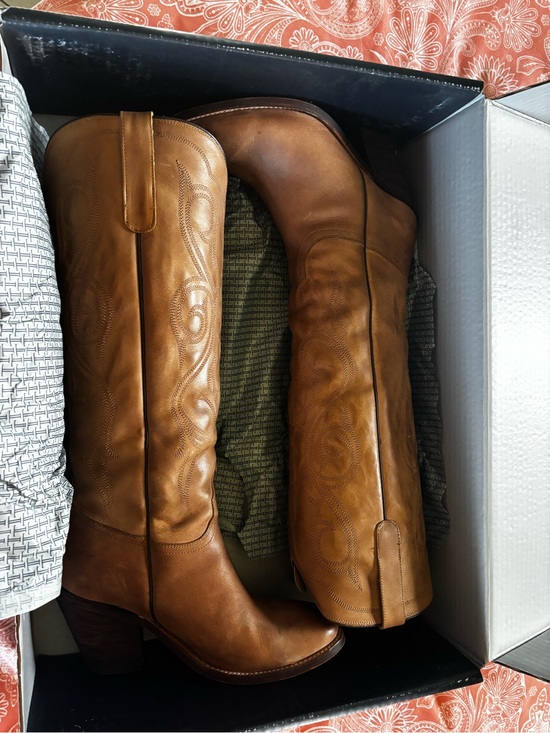Lucchese Shoes - Lucchese Tan Leather Knee Boots with Western Stitching